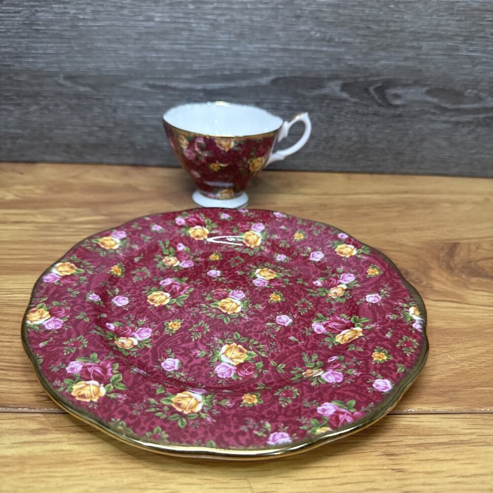 Royal Albert Old Country Roses Ruby Lace 8-1/8” Plate & Tea Cup~2 Pc